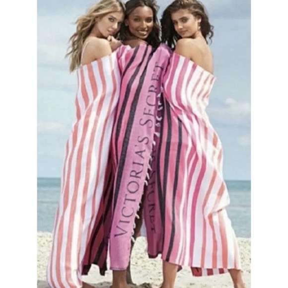 Victoria's Secret Pink Striped Throw Blanket 50”x60” Beach Pool Cover Up Wrap - Picture 2 of 8